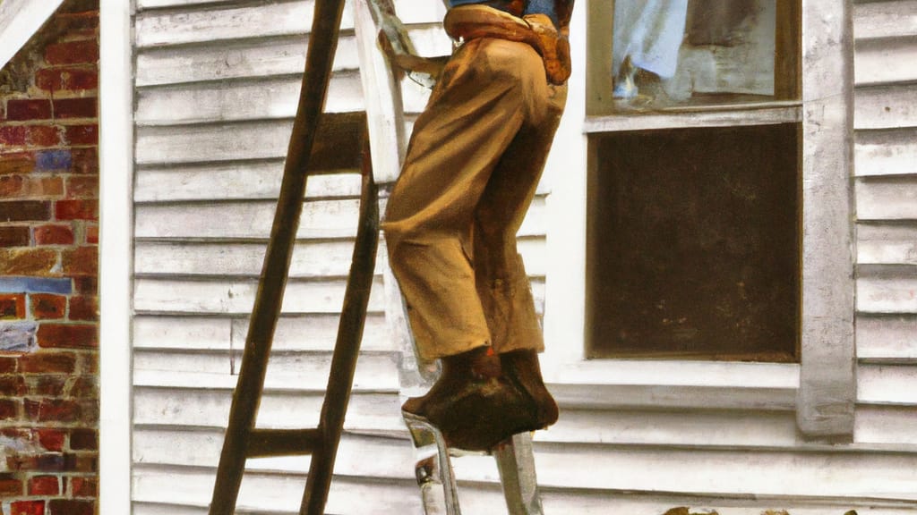 Man climbing ladder on Menominee, Michigan home to replace roof