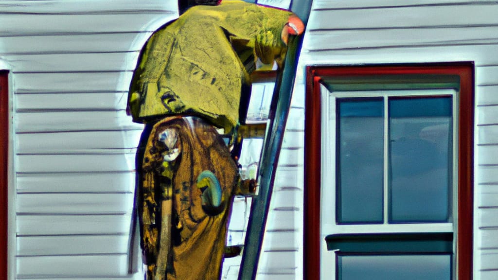 Man climbing ladder on Merrill, Wisconsin home to replace roof