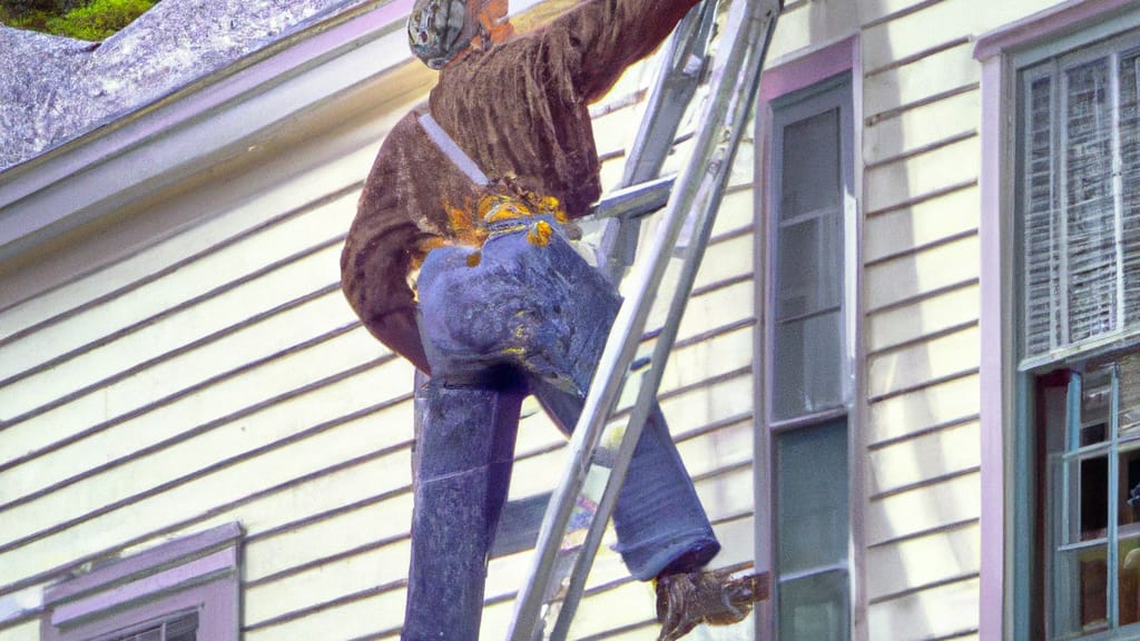 Man climbing ladder on Merrimac, Massachusetts home to replace roof