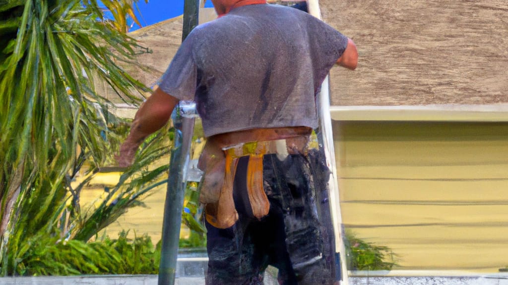 Man climbing ladder on Merritt Island, Florida home to replace roof