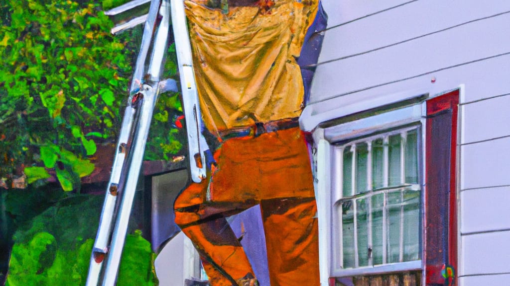 Man climbing ladder on Metuchen, New Jersey home to replace roof