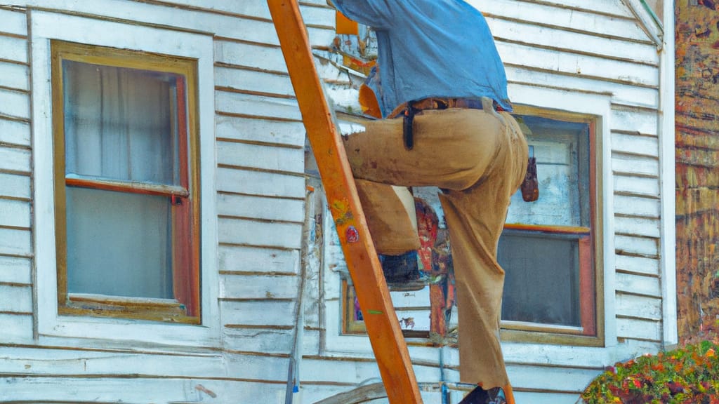 Man climbing ladder on Michigan City, Indiana home to replace roof