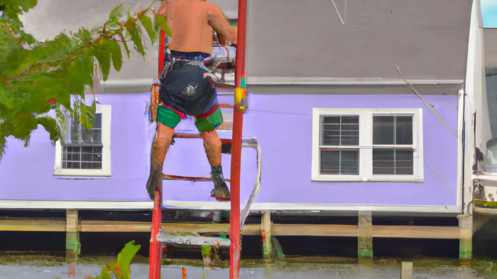 Man climbing ladder on Middle River, Maryland home to replace roof
