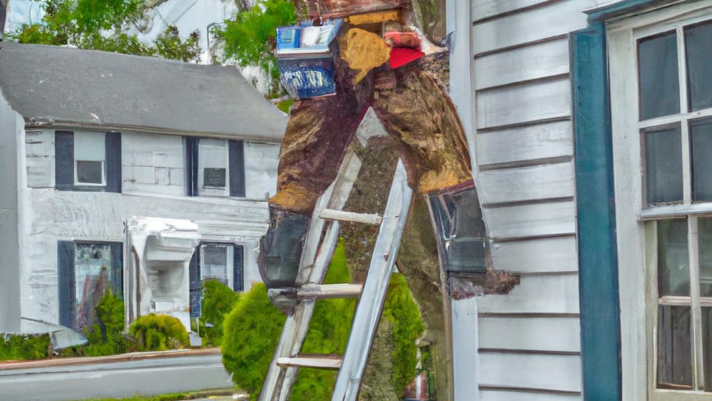 Man climbing ladder on Middletown, New Jersey home to replace roof