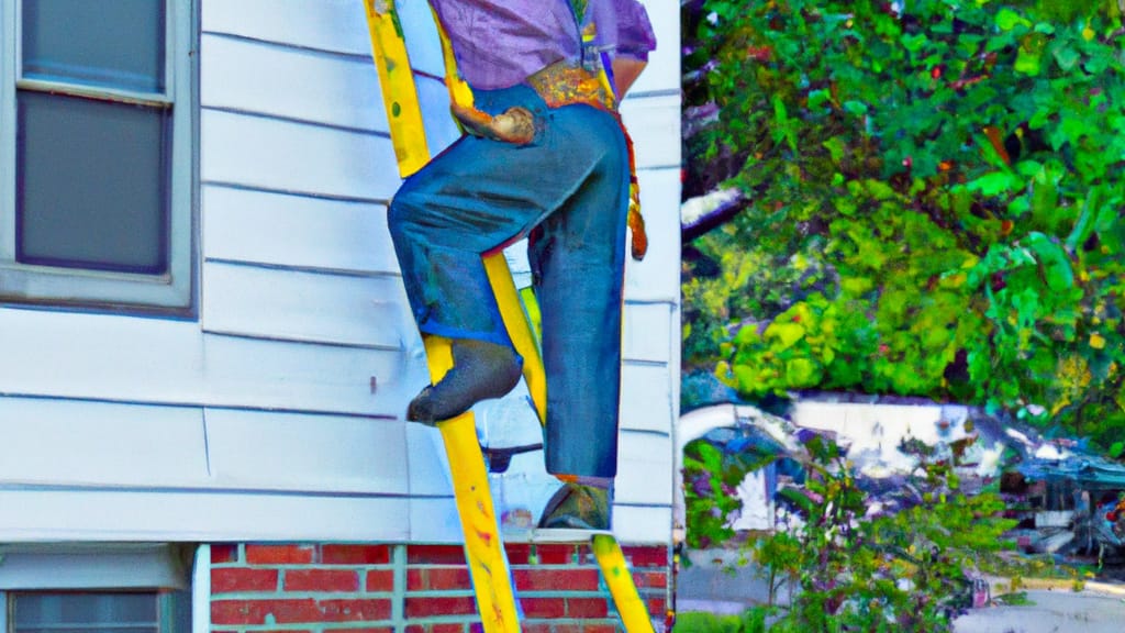 Man climbing ladder on Midland Park, New Jersey home to replace roof