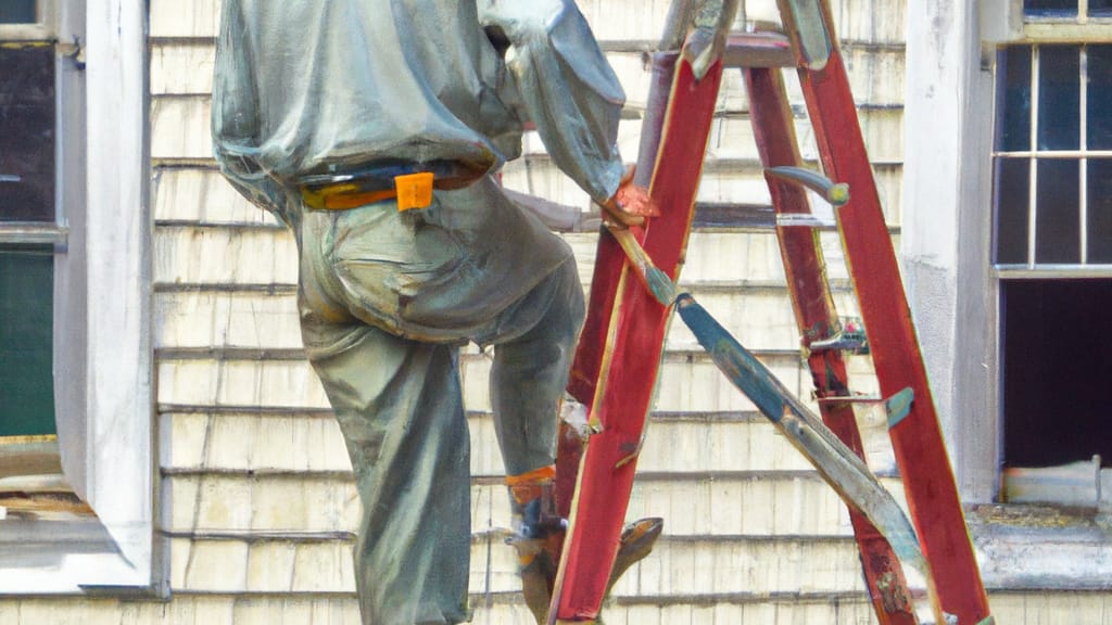 Man climbing ladder on Milford, Massachusetts home to replace roof