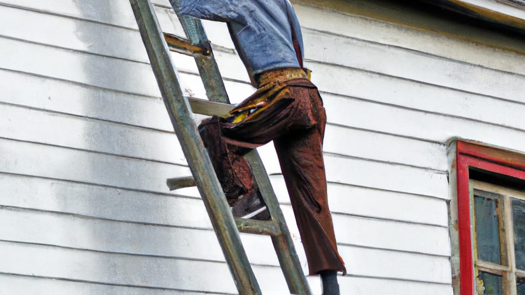Man climbing ladder on Milton, Wisconsin home to replace roof