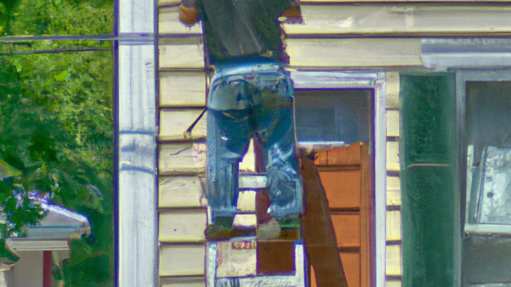 Man climbing ladder on Mineola, New York home to replace roof