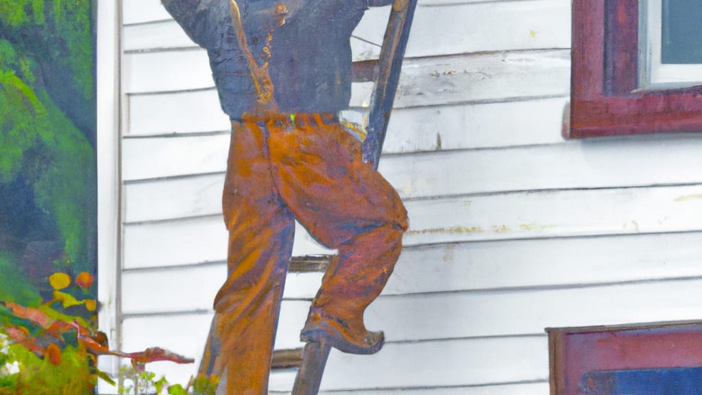 Man climbing ladder on Minocqua, Wisconsin home to replace roof