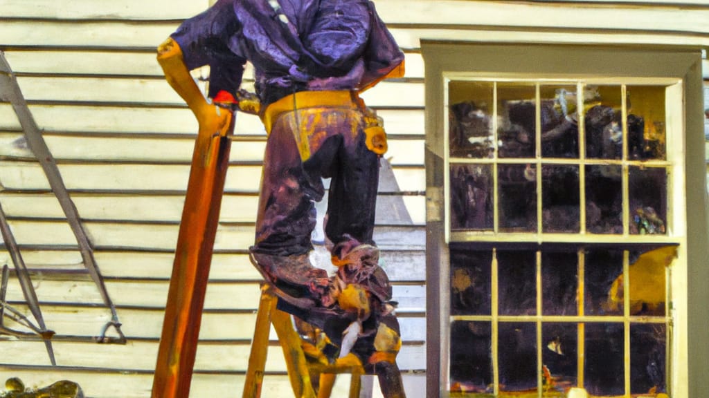 Man climbing ladder on Montague, Massachusetts home to replace roof