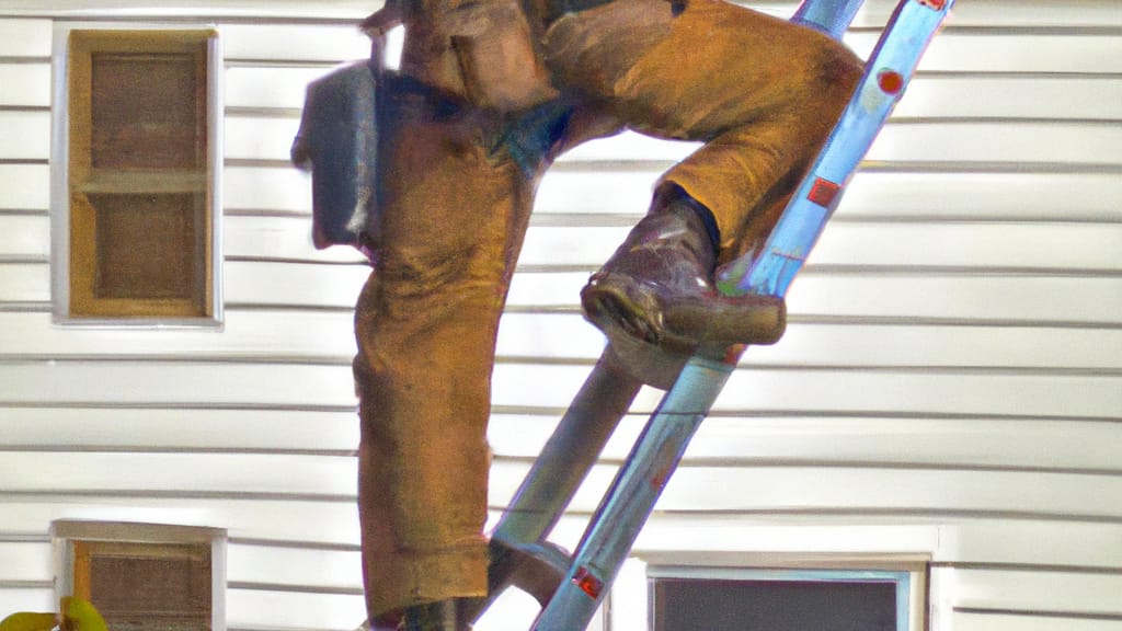 Man climbing ladder on Montevideo, Minnesota home to replace roof