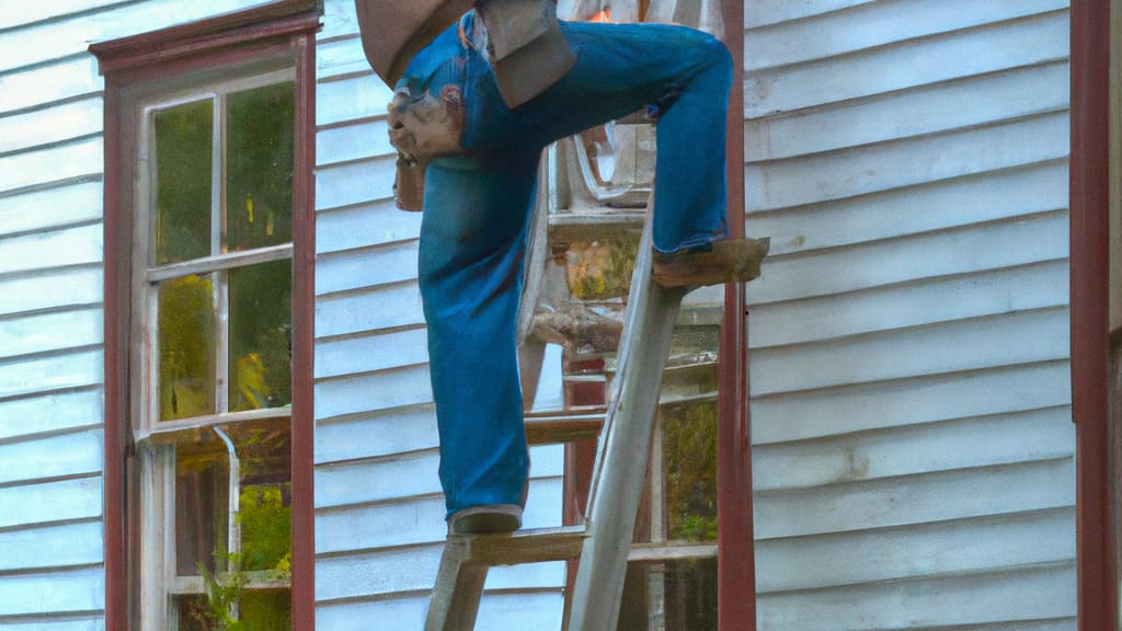 Man climbing ladder on Monticello, Indiana home to replace roof