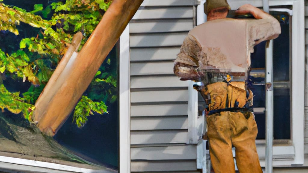 Man climbing ladder on Montville, Connecticut home to replace roof