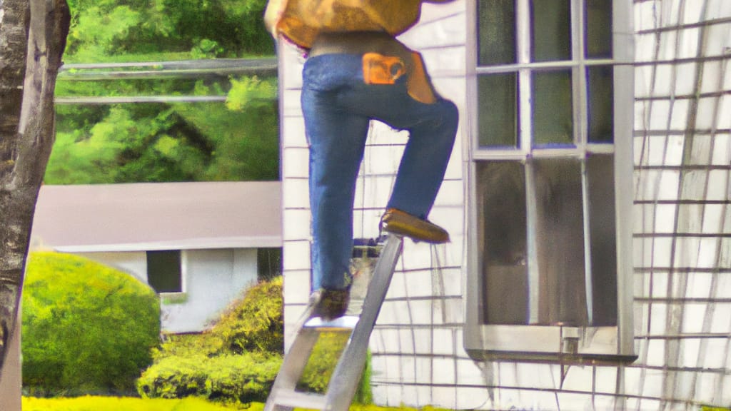 Man climbing ladder on Montville, New Jersey home to replace roof