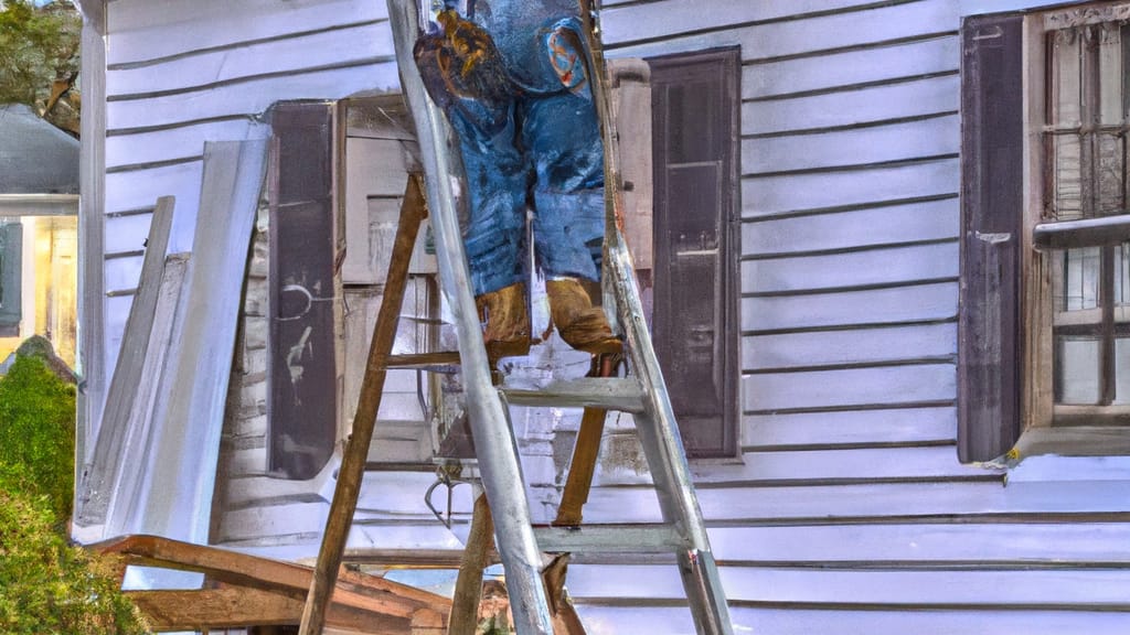 Man climbing ladder on Morganville, New Jersey home to replace roof