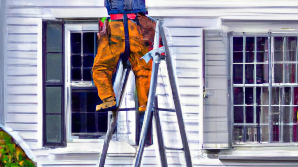 Man climbing ladder on Morris Plains, New Jersey home to replace roof