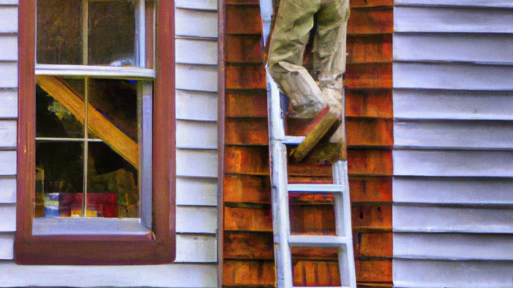 Man climbing ladder on Mount Morris, Michigan home to replace roof