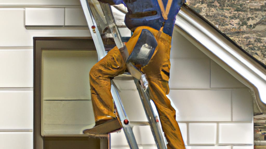 Man climbing ladder on Mundelein, Illinois home to replace roof