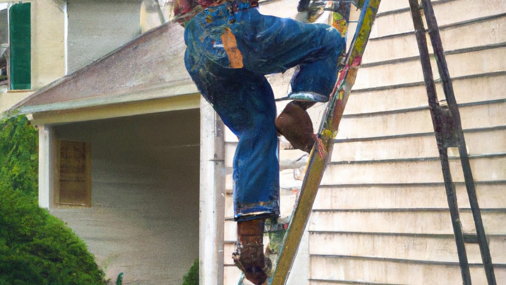 Man climbing ladder on Murrysville, Pennsylvania home to replace roof