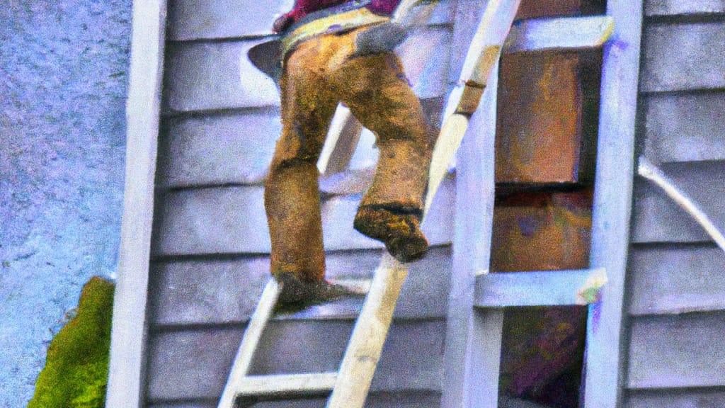 Man climbing ladder on Muskegon, Michigan home to replace roof