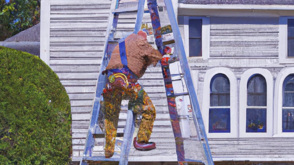 Man climbing ladder on Narragansett, Rhode Island home to replace roof