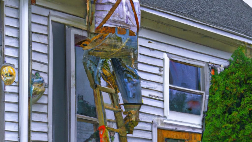 Man climbing ladder on Neenah, Wisconsin home to replace roof