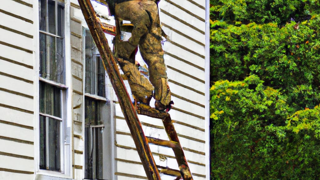 Man climbing ladder on New Britain, Connecticut home to replace roof