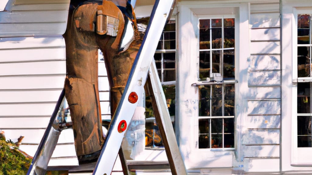 Man climbing ladder on New Fairfield, Connecticut home to replace roof