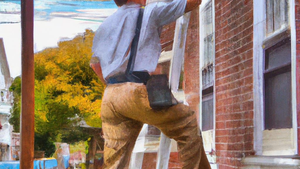 Man climbing ladder on New Hyde Park, New York home to replace roof