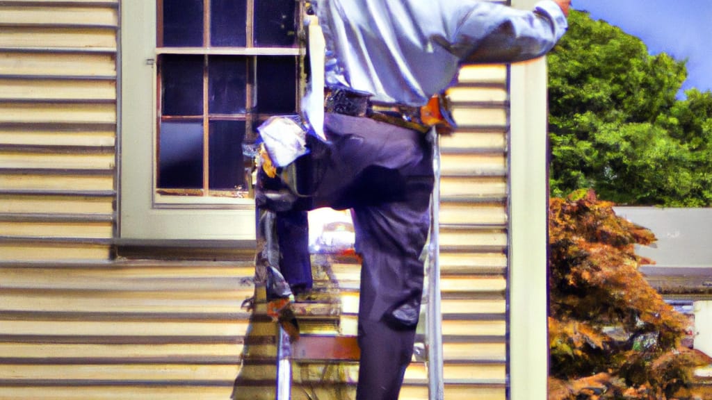 Man climbing ladder on New Ipswich, New Hampshire home to replace roof