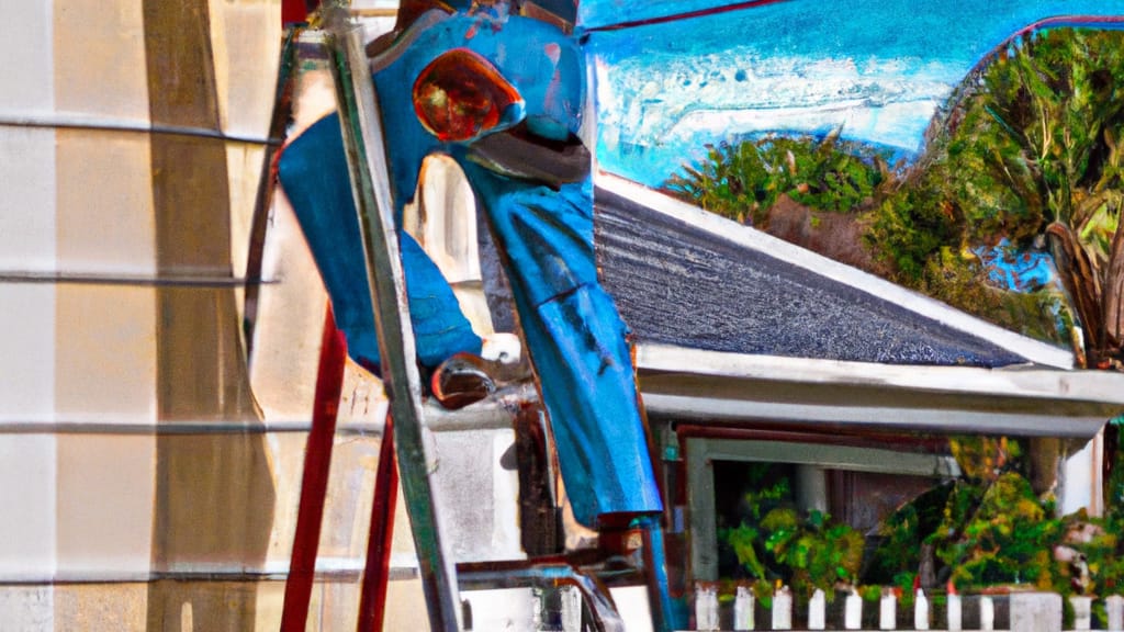 Man climbing ladder on New Smyrna Beach, Florida home to replace roof