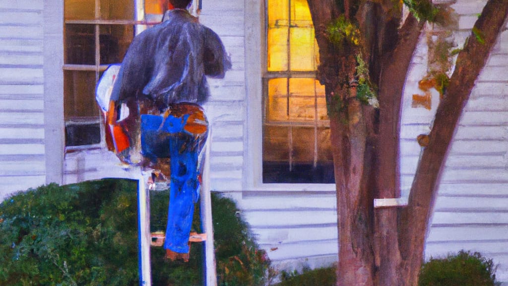 Man climbing ladder on Newberry, South Carolina home to replace roof