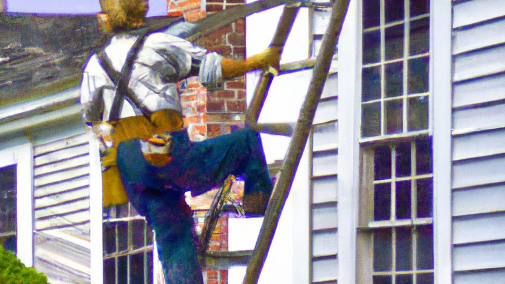 Man climbing ladder on Newbury, Massachusetts home to replace roof