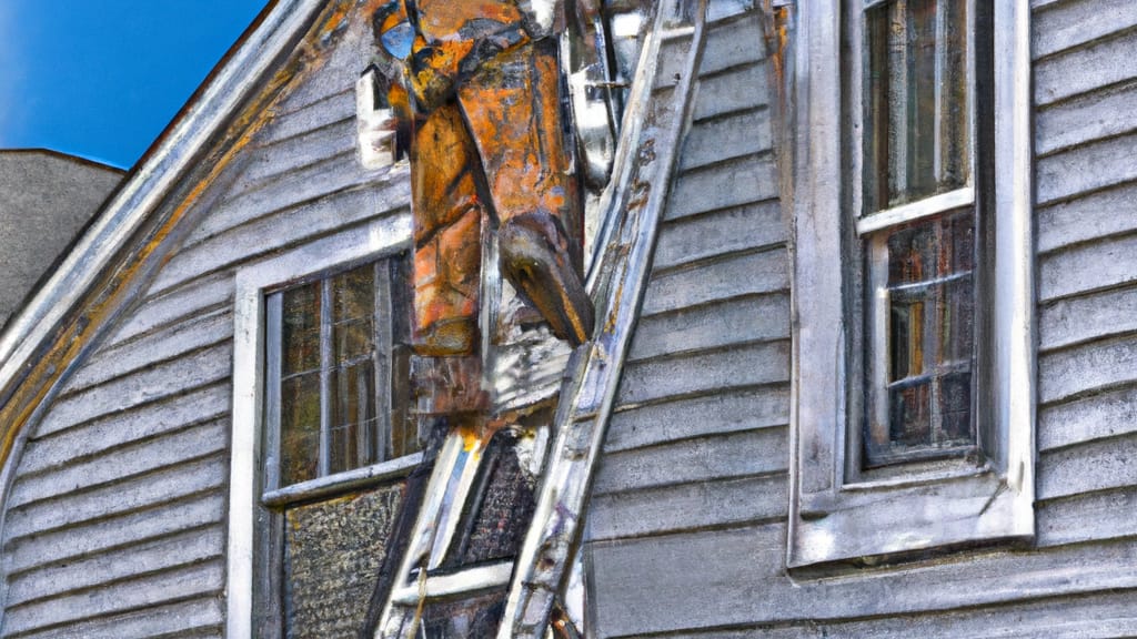 Man climbing ladder on Newington, Connecticut home to replace roof