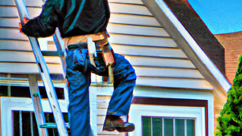 Man climbing ladder on Newmarket, New Hampshire home to replace roof