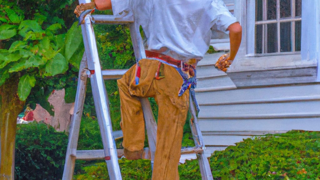Man climbing ladder on Newton, Massachusetts home to replace roof