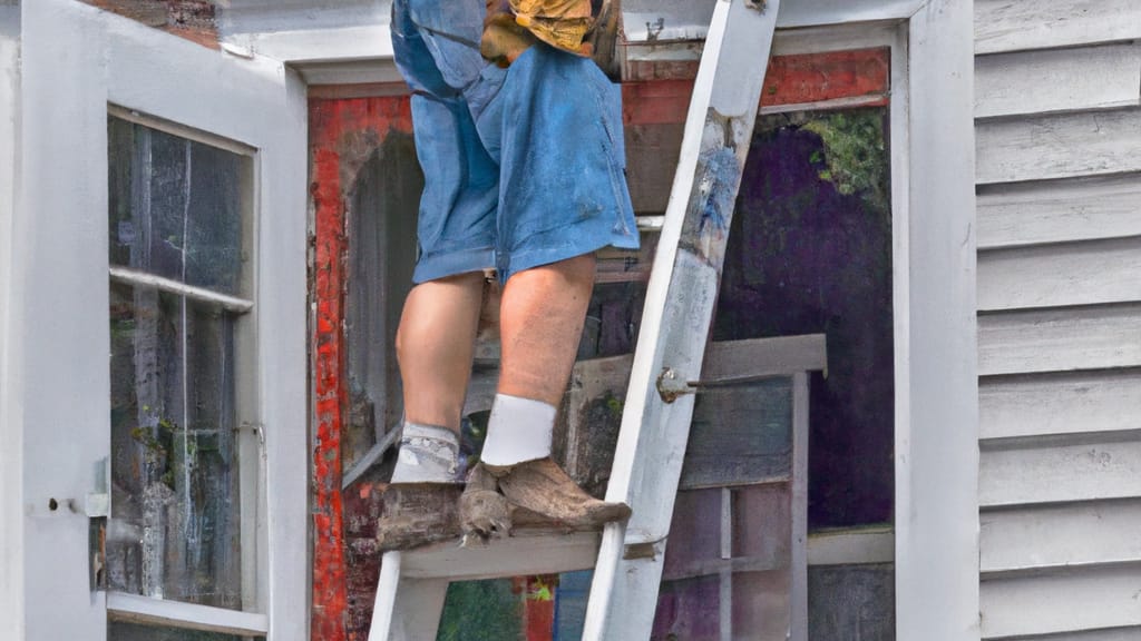Man climbing ladder on Norfolk, Massachusetts home to replace roof