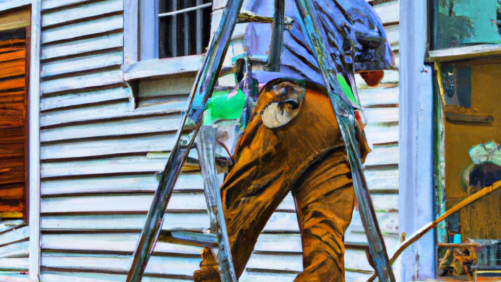 Man climbing ladder on North Bergen, New Jersey home to replace roof
