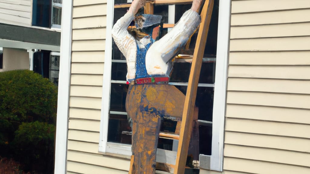 Man climbing ladder on Norwood, Massachusetts home to replace roof