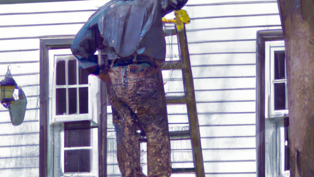 Man climbing ladder on Nutley, New Jersey home to replace roof