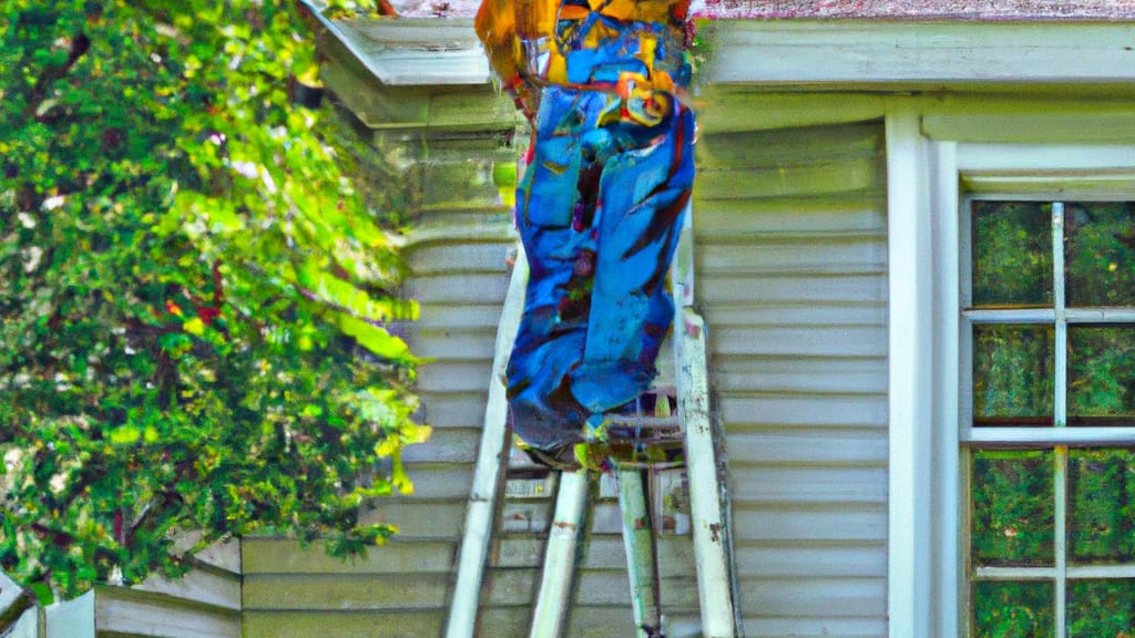 Man climbing ladder on Oak Brook, Illinois home to replace roof