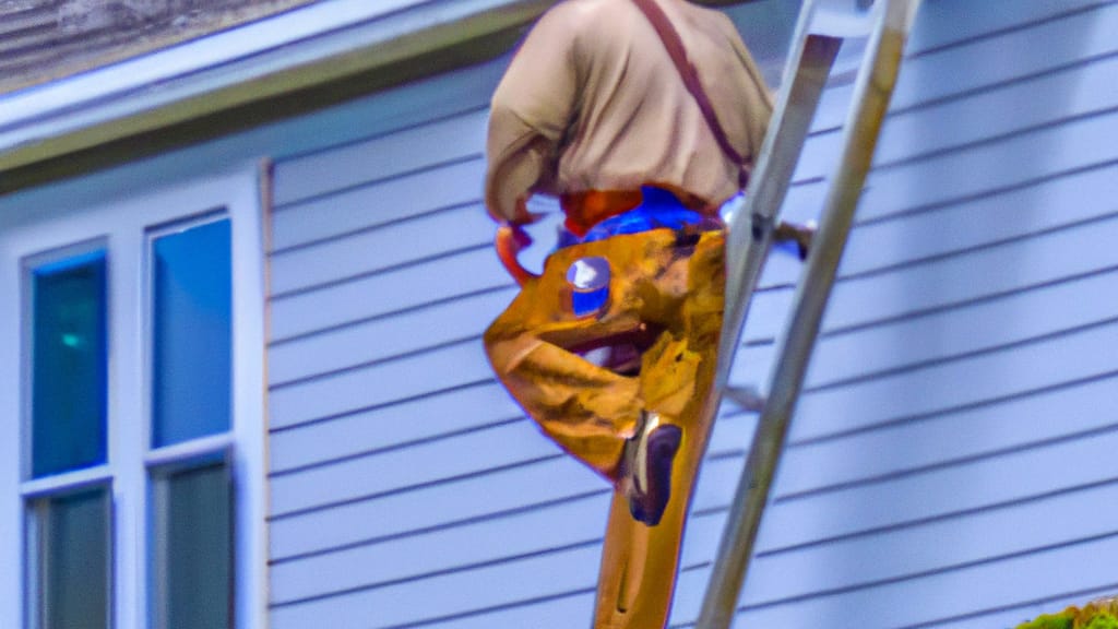 Man climbing ladder on Oak Harbor, Washington home to replace roof