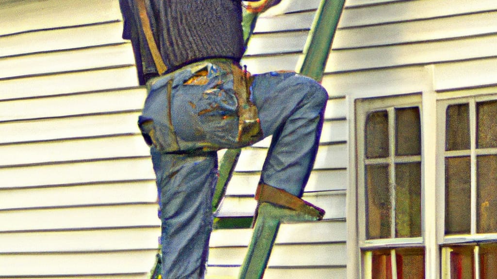 Man climbing ladder on Oak Hill, West Virginia home to replace roof