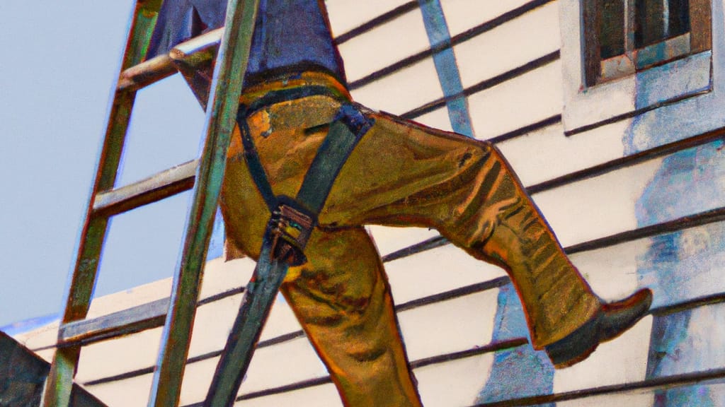 Man climbing ladder on Oakland, New Jersey home to replace roof