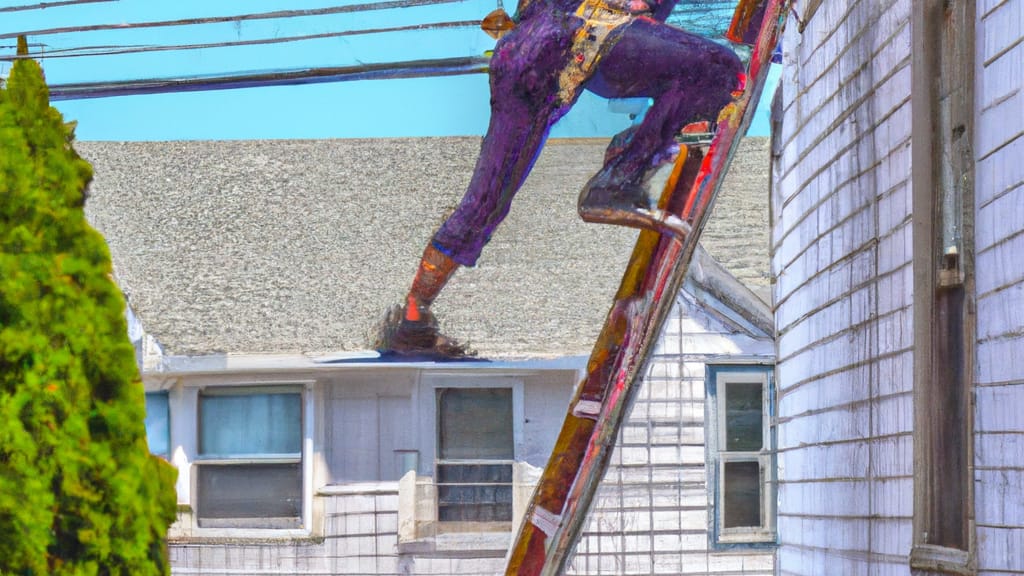 Man climbing ladder on Oceanside, New York home to replace roof