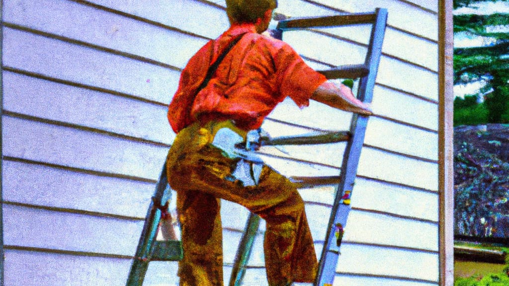 Man climbing ladder on Oconomowoc, Wisconsin home to replace roof