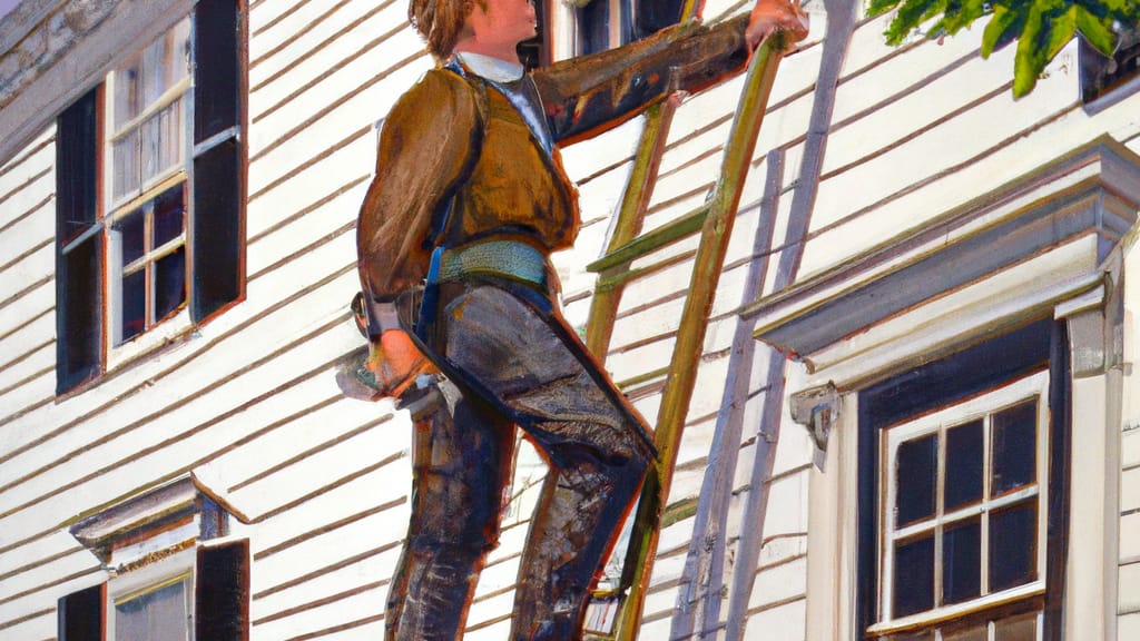 Man climbing ladder on Old Saybrook, Connecticut home to replace roof