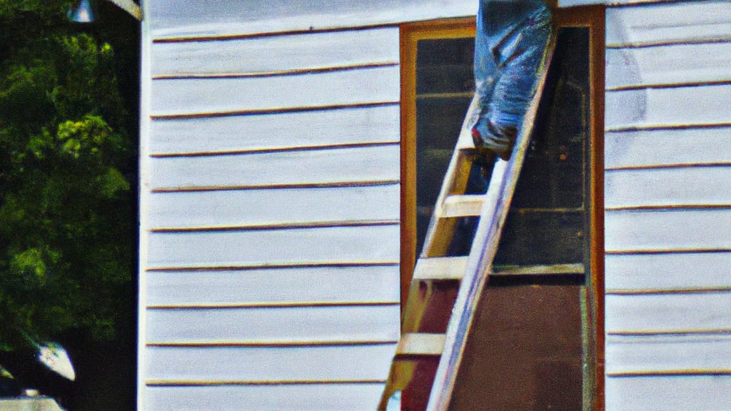 Man climbing ladder on Olney, Illinois home to replace roof