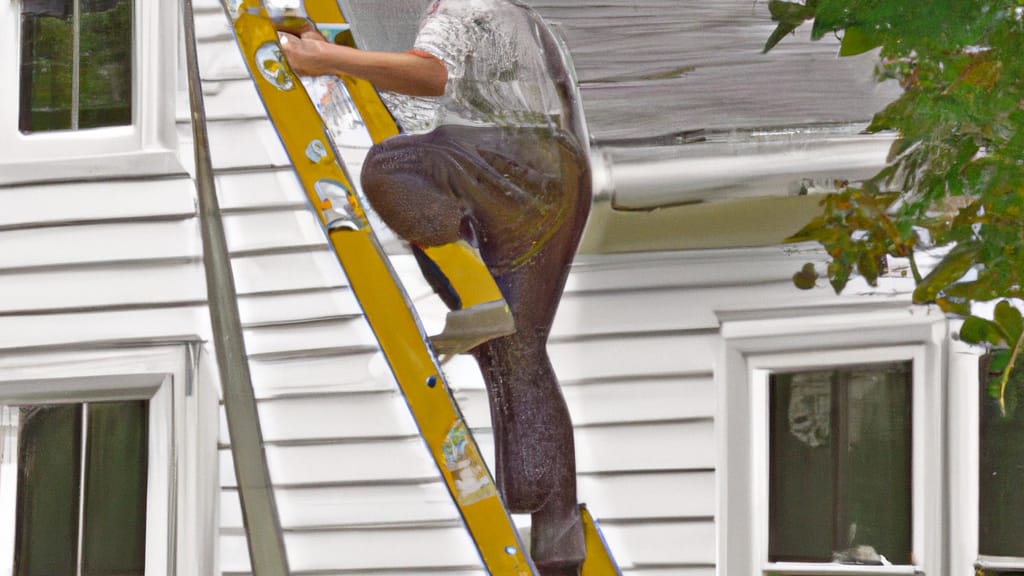 Man climbing ladder on Oradell, New Jersey home to replace roof