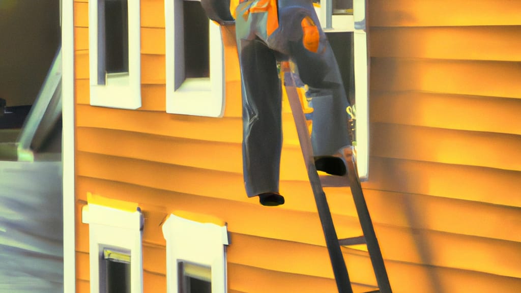 Man climbing ladder on Orange City, Iowa home to replace roof